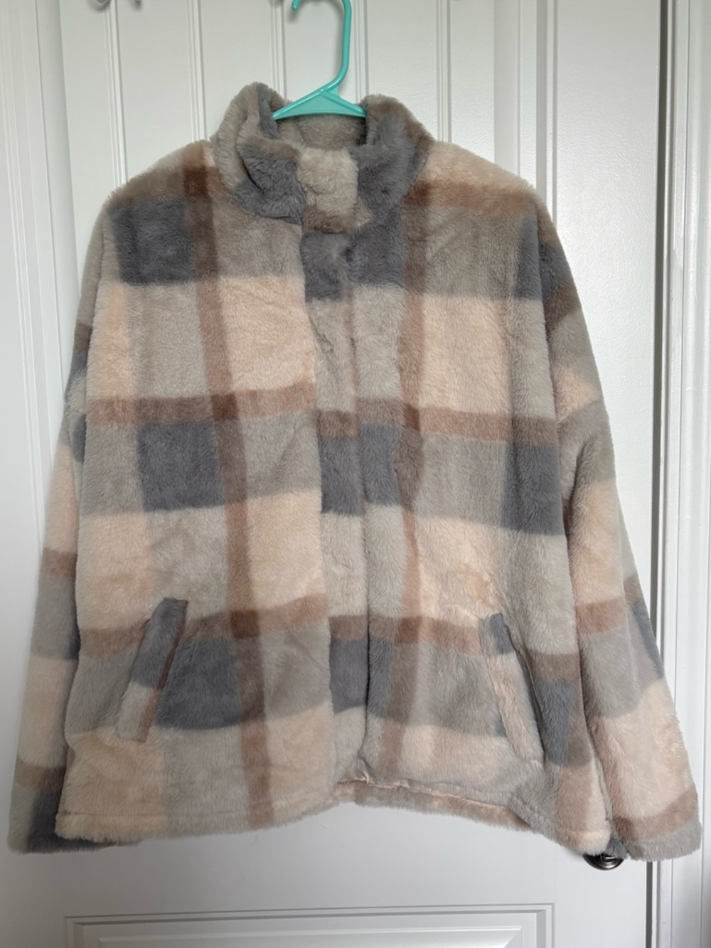 Plaid Teddy Coat in Beige & Gray - Plush Oversized Jacket